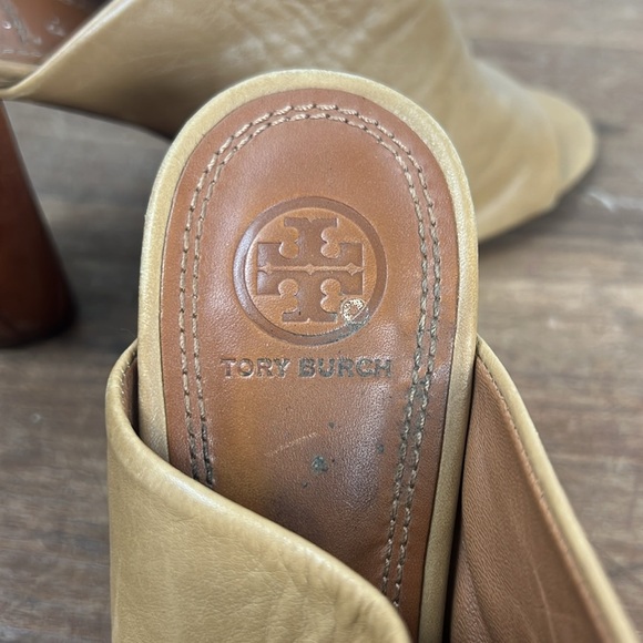 Tory Burch Raya peep toe mule heels wooden heel size 8.5 leather tan - Picture 7 of 12